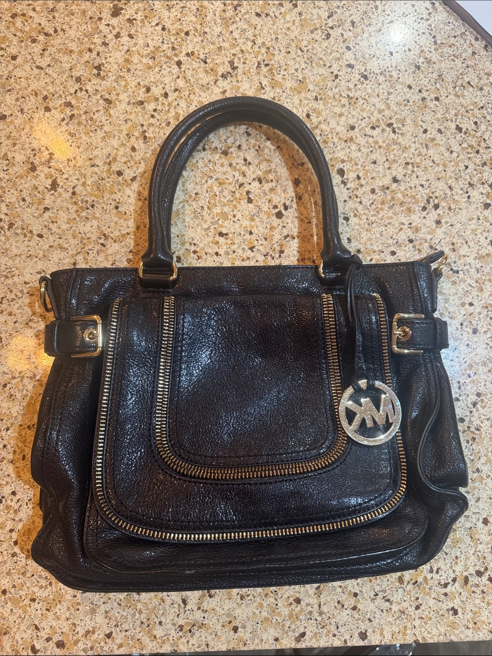 Michael Kors Black Leather Satchel with Gold Accents